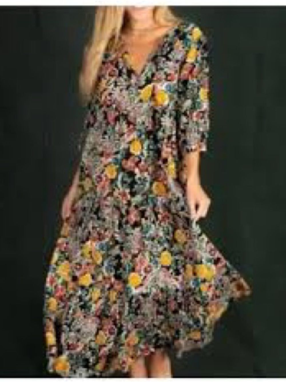 Natural Life Dress Sage V Neck Maxi Tiered Black floral Red Multi Yellow Accents